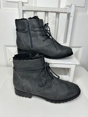 Sporto Women's Dark Gray Lace-Up Ankle Boots with Faux Fur Trim